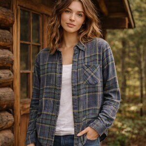 Mystree Acid Wash Plaid Button Down Shirt Blue Green Boho Grunge